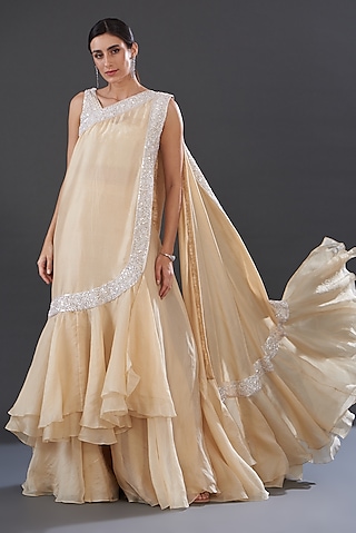 Beige Organza & Silk Skirt Set by Rococo by raghvi