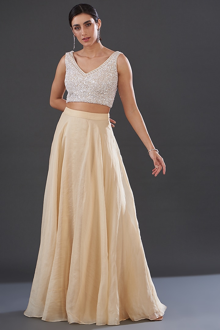 Beige Organza & Silk Skirt Set by Rococo by raghvi at Pernia's Pop Up Shop