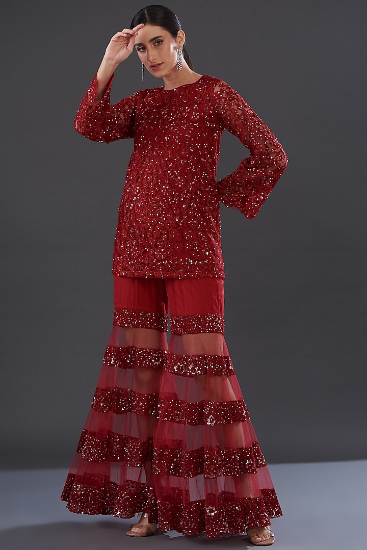 Red Net Embroidered Sharara Set by Rococo by raghvi