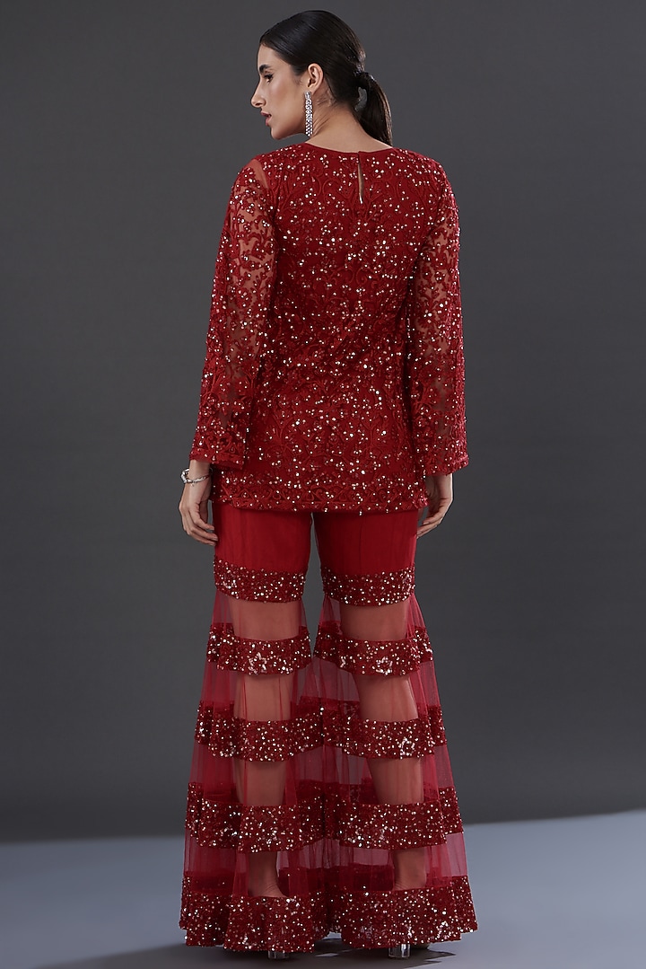 Red Net Embroidered Wedding Sharara Set by Rococo by raghvi at Pernia's Pop Up Shop