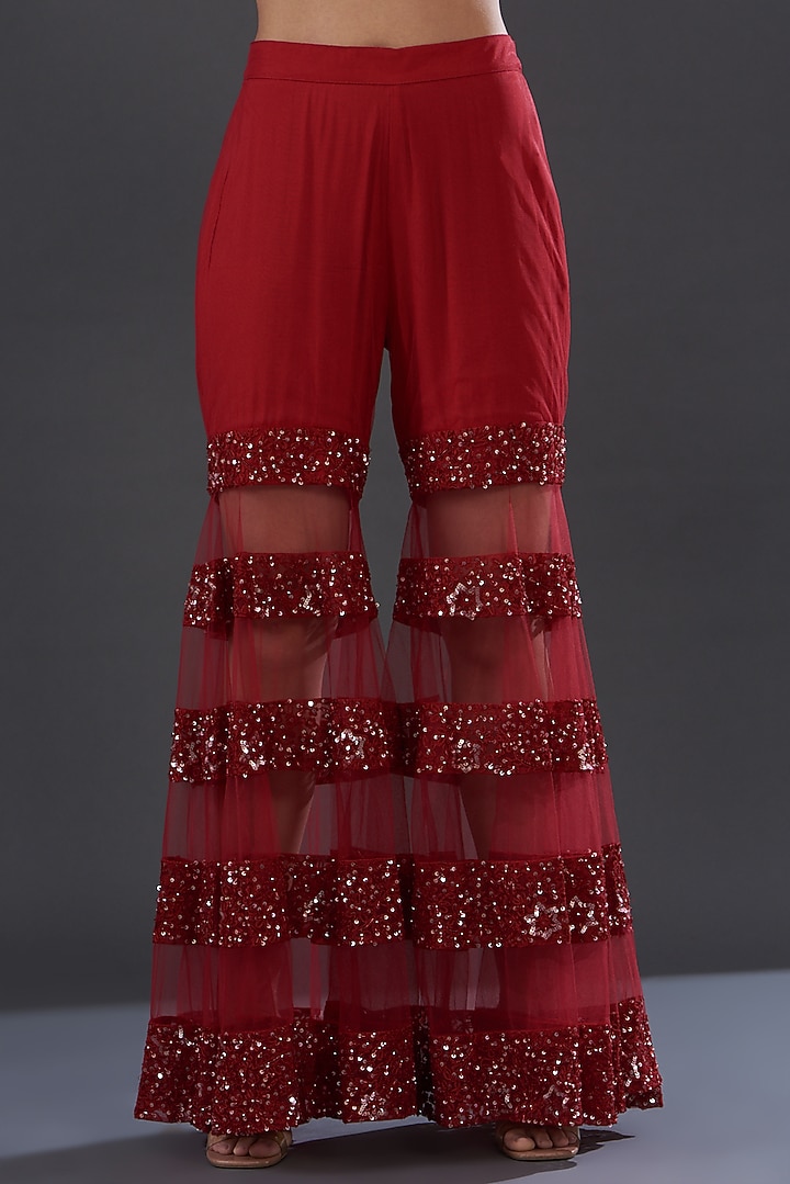 Red Net Embroidered Wedding Sharara Set by Rococo by raghvi at Pernia's Pop Up Shop