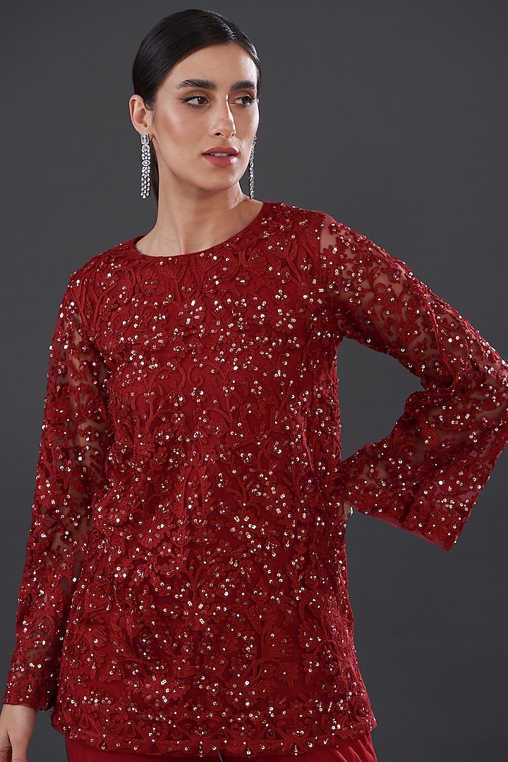 Red Net Embroidered Wedding Sharara Set by Rococo by raghvi at Pernia's Pop Up Shop
