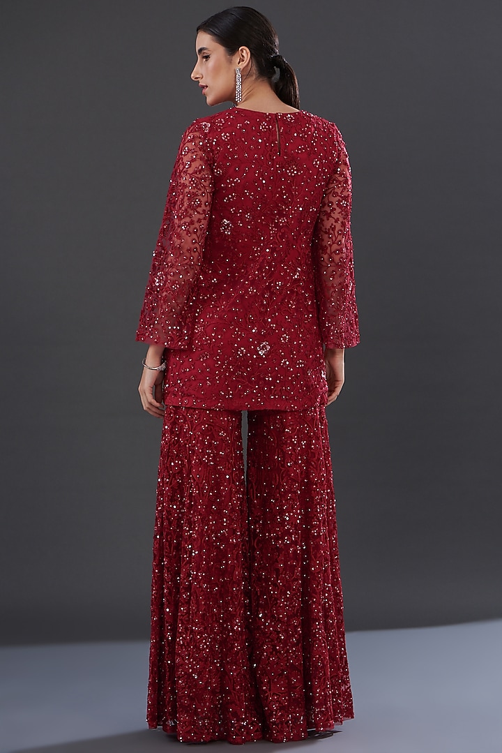 Red Net Embroidered Bridal Sharara Set by Rococo by raghvi at Pernia's Pop Up Shop