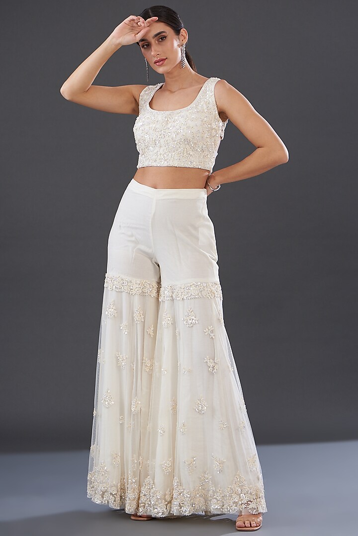 Ivory Silk & Net Embroidered Bridal Sharara Set by Rococo by raghvi at Pernia's Pop Up Shop