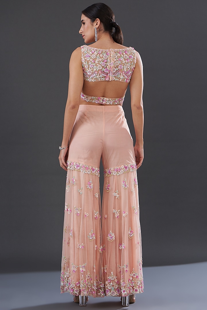Peach Silk & Net Embroidered Bridal Sharara Set by Rococo by raghvi at Pernia's Pop Up Shop