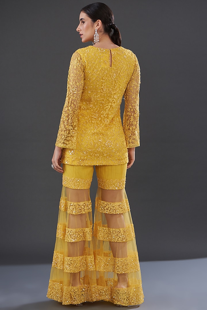 Yellow Net Embroidered Wedding Sharara Set by Rococo by raghvi at Pernia's Pop Up Shop