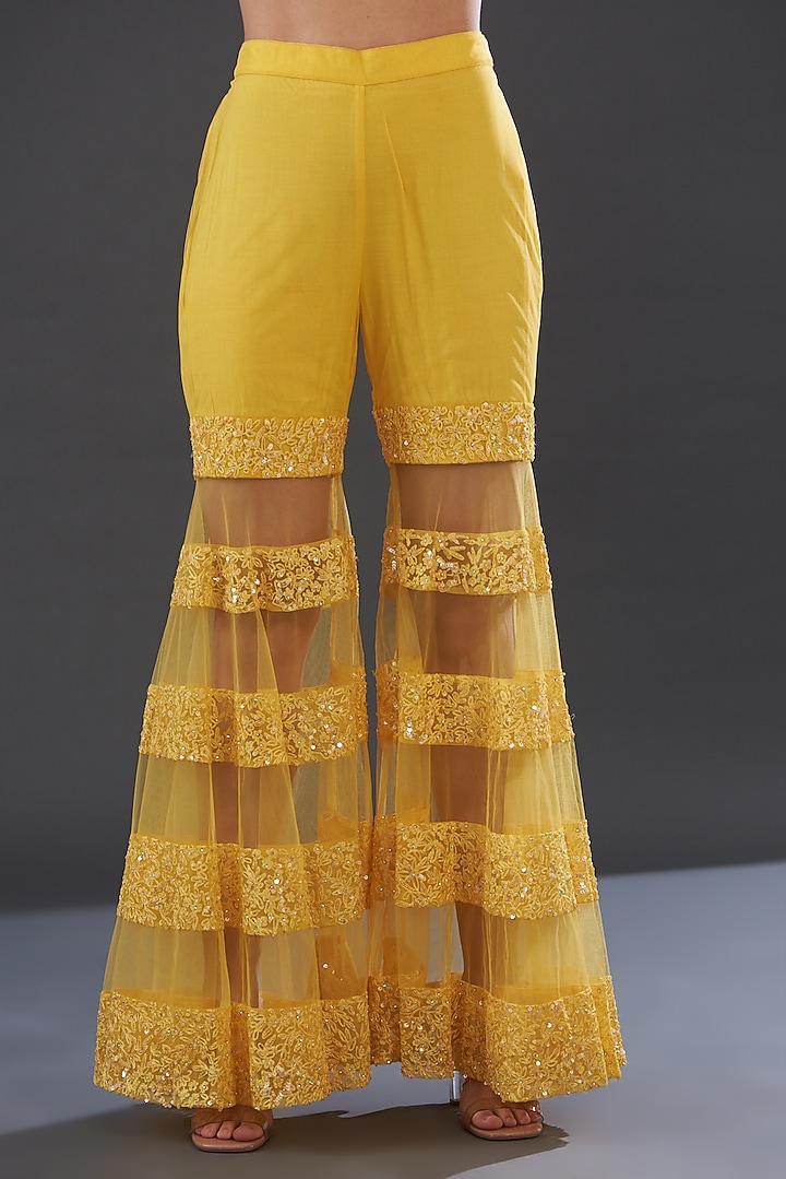 Yellow Net Embroidered Wedding Sharara Set by Rococo by raghvi at Pernia's Pop Up Shop