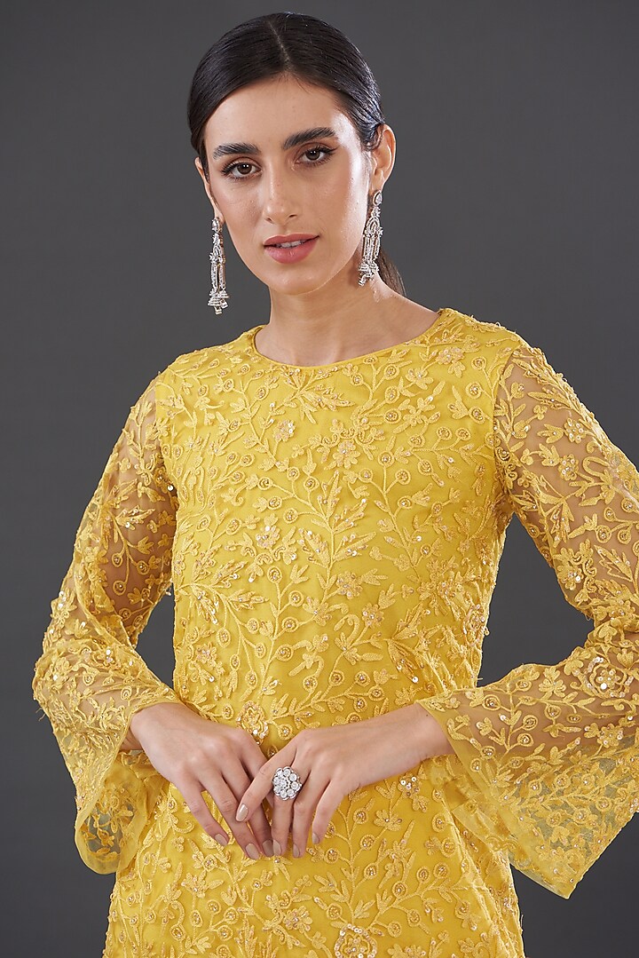 Yellow Net Embroidered Wedding Sharara Set by Rococo by raghvi at Pernia's Pop Up Shop