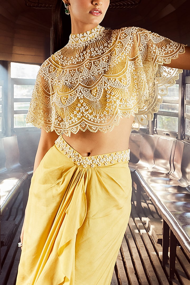 Ice Mustard Net & Silk Hand Embroidered Cape Set by Rococo by raghvi at Pernia's Pop Up Shop