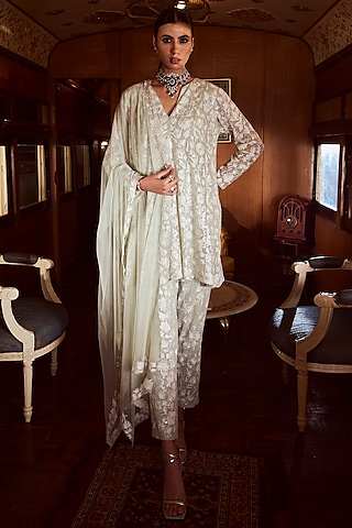 Mint Green Net Embroidered Kurta Set by Rococo by raghvi