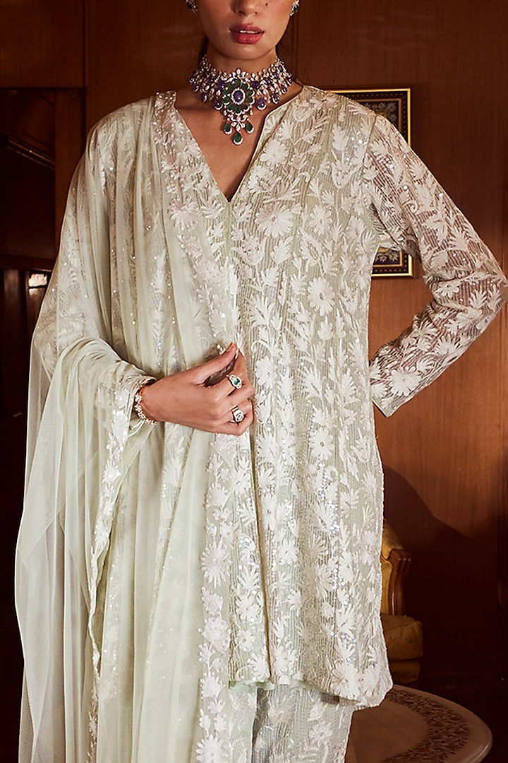 Mint Green Net Embroidered Kurta Set by Rococo by raghvi at Pernia's Pop Up Shop