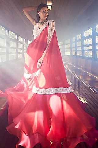 Red Net & Organza Embroidered Draped Saree Set by Rococo by raghvi