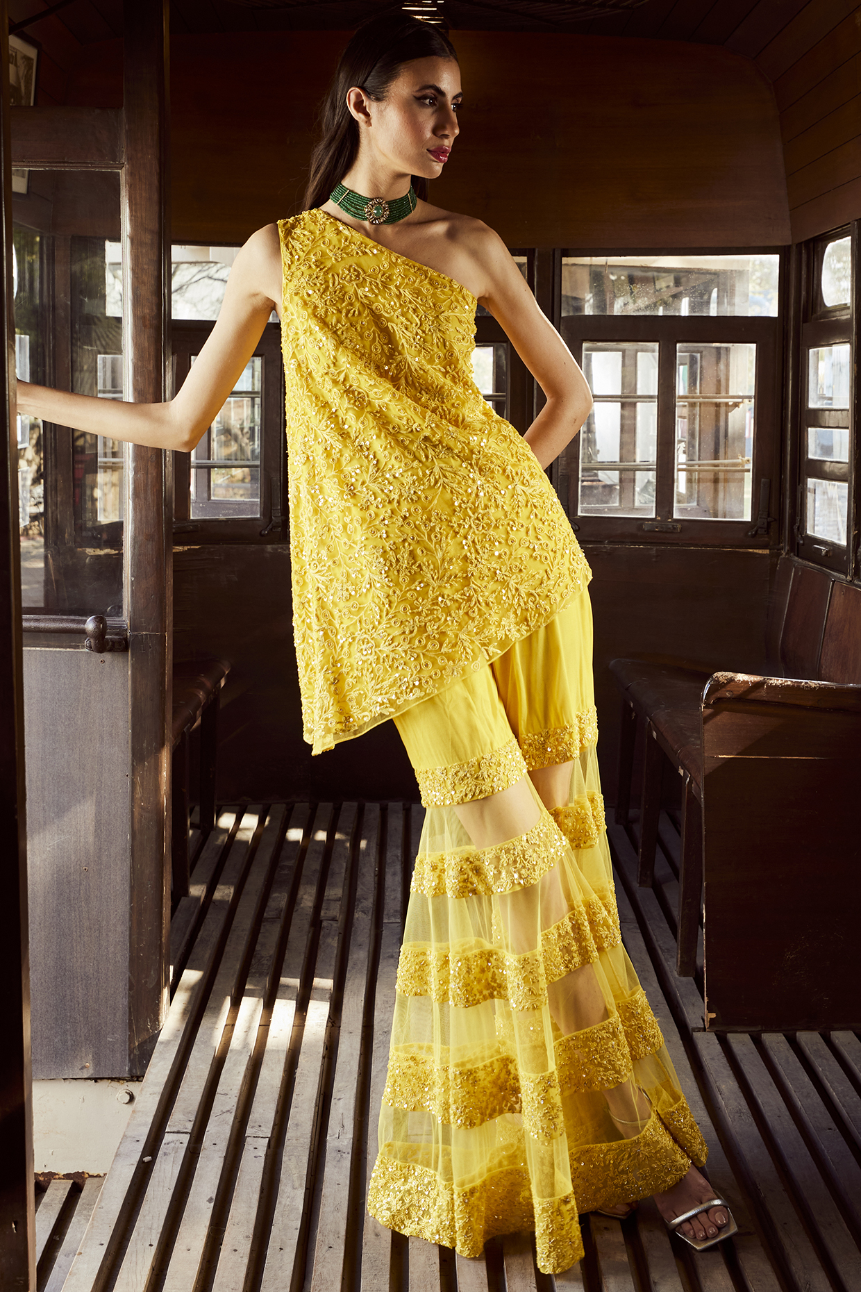 Yellow Net Hand Embroidered Wedding Sharara Set by Rococo by raghvi at Pernia's Pop Up Shop
