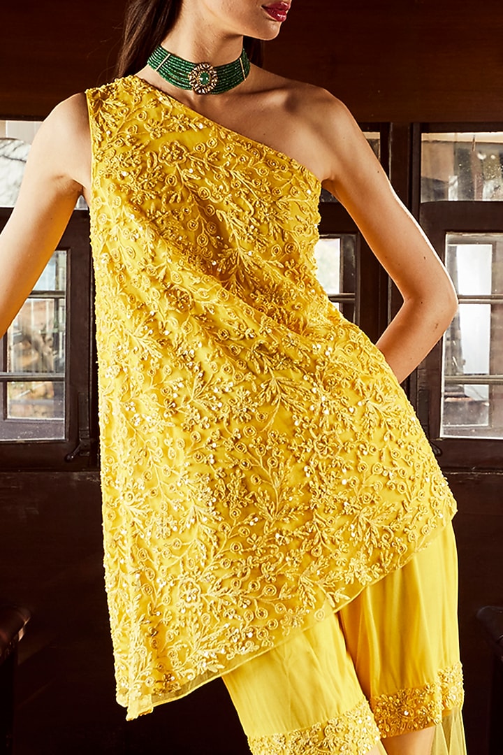 Yellow Net Hand Embroidered Wedding Sharara Set by Rococo by raghvi at Pernia's Pop Up Shop