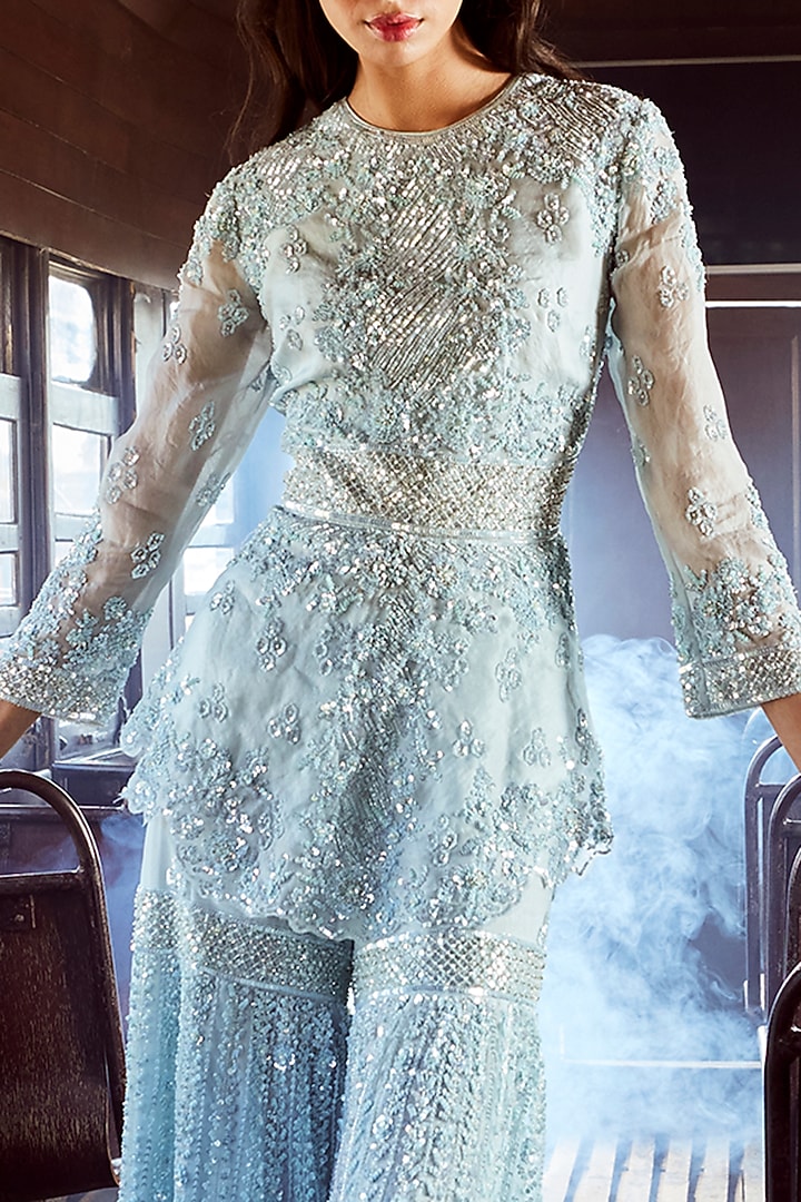 Ivory Net & Organza Embroidered Bridal Sharara Set by Rococo by raghvi at Pernia's Pop Up Shop