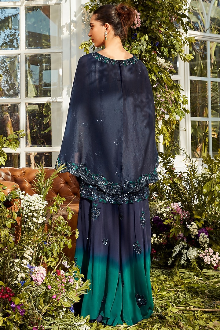 Peacock Ombre Georgette Wedding Sharara Set by Rococo by raghvi at Pernia's Pop Up Shop