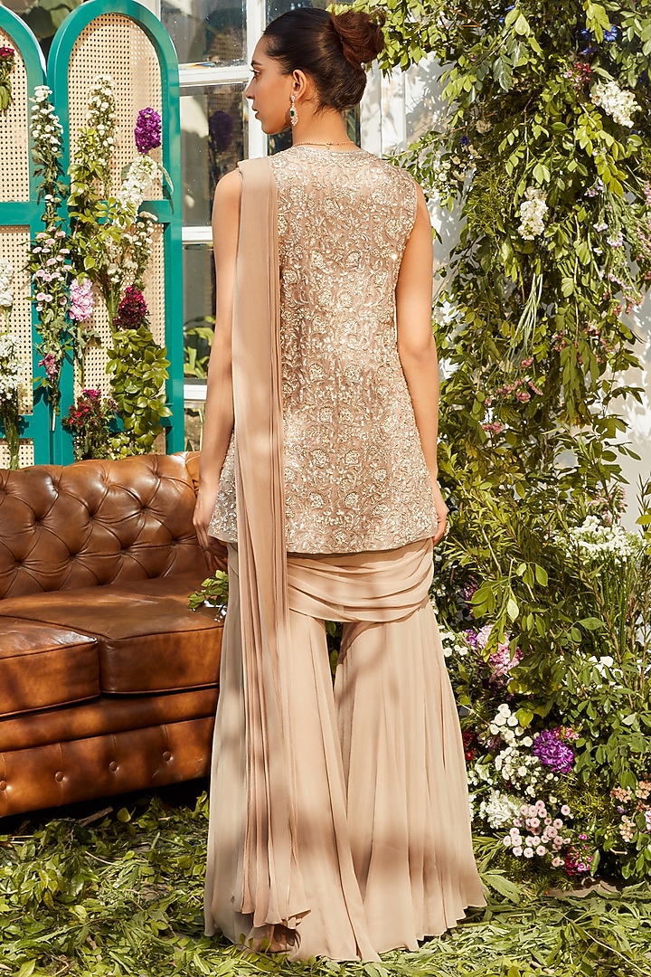 Sand Beige Georgette & Organza Hand Embroidered Sharara Wedding Saree Set by Rococo by raghvi at Pernia's Pop Up Shop