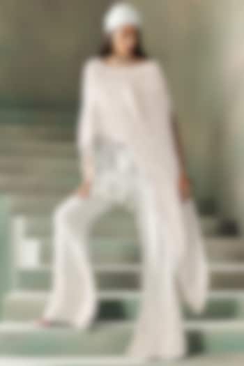 Ice Blue Silk Sequins Embroidered Asymmetric Cape Set by Rococo By Raghvi at Pernia's Pop Up Shop