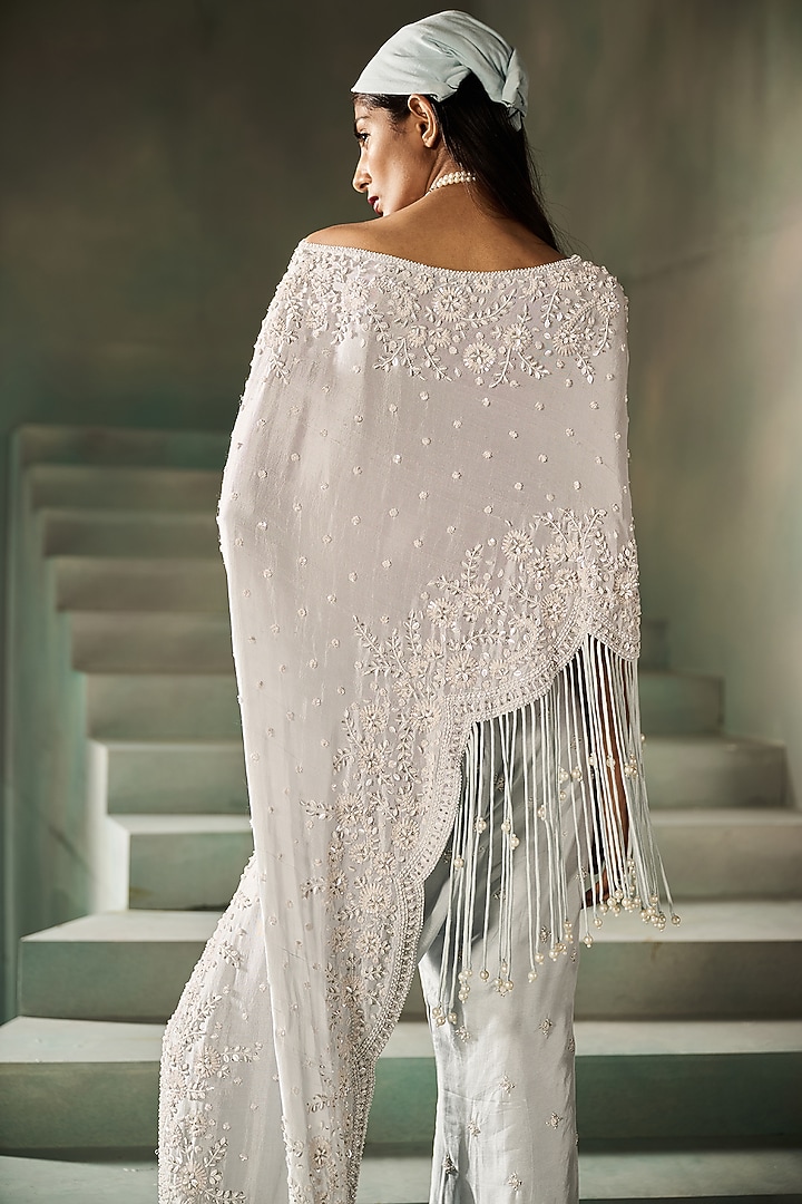 Ice Blue Silk Sequins Embroidered Asymmetric Cape Set by Rococo By Raghvi at Pernia's Pop Up Shop