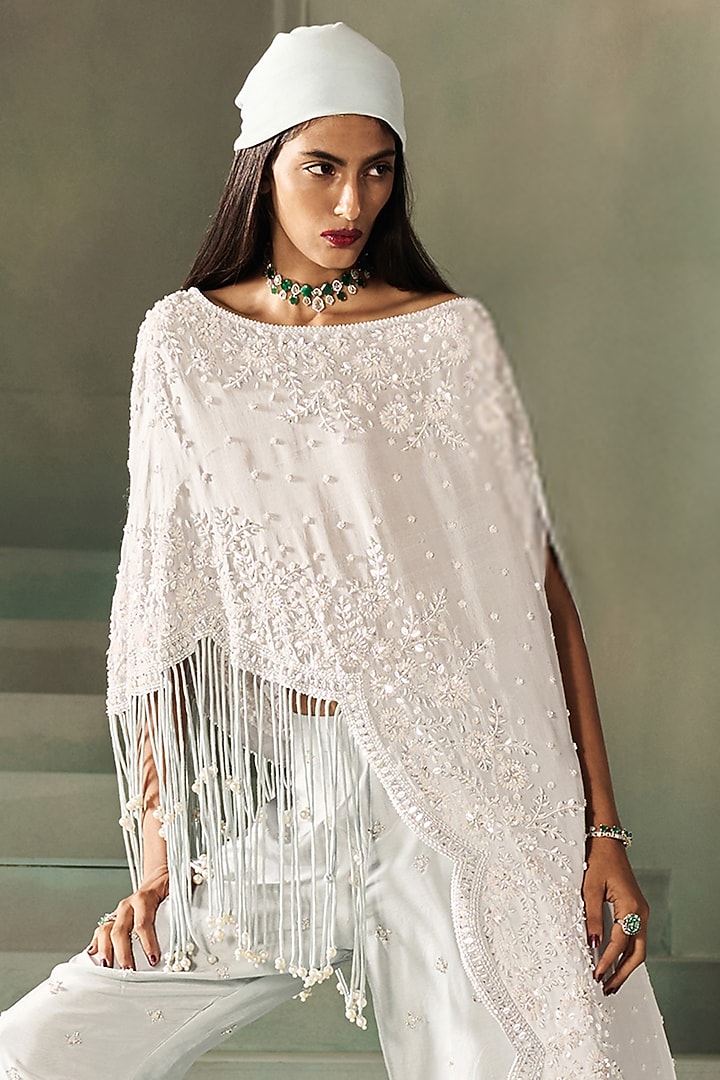 Ice Blue Silk Sequins Embroidered Asymmetric Cape Set by Rococo By Raghvi at Pernia's Pop Up Shop
