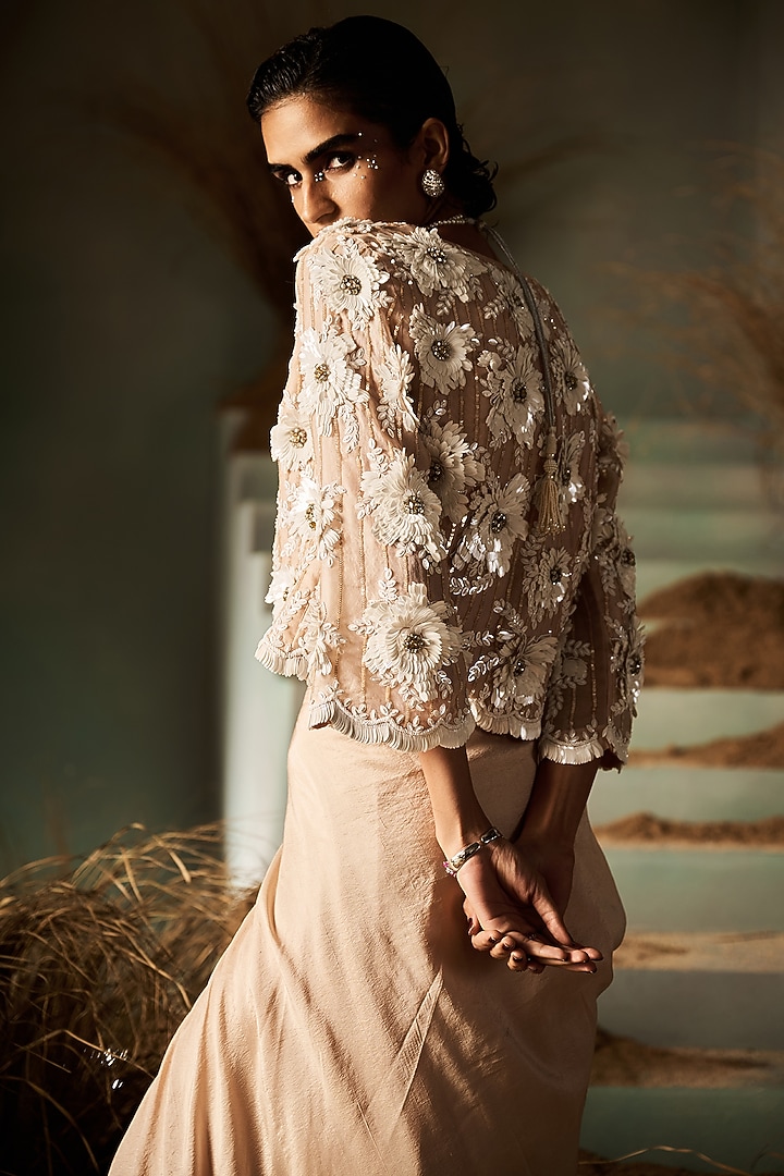 Nude Beige Silk Draped Skirt Set by Rococo By Raghvi at Pernia's Pop Up Shop