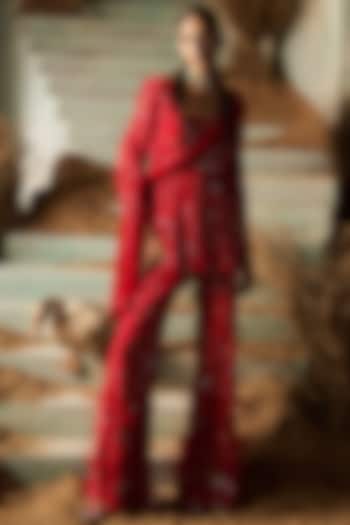 Red Net Sequins Embroidered Bridal Sharara Set by Rococo By Raghvi at Pernia's Pop Up Shop