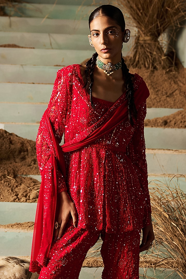 Red Net Sequins Embroidered Bridal Sharara Set by Rococo By Raghvi at Pernia's Pop Up Shop