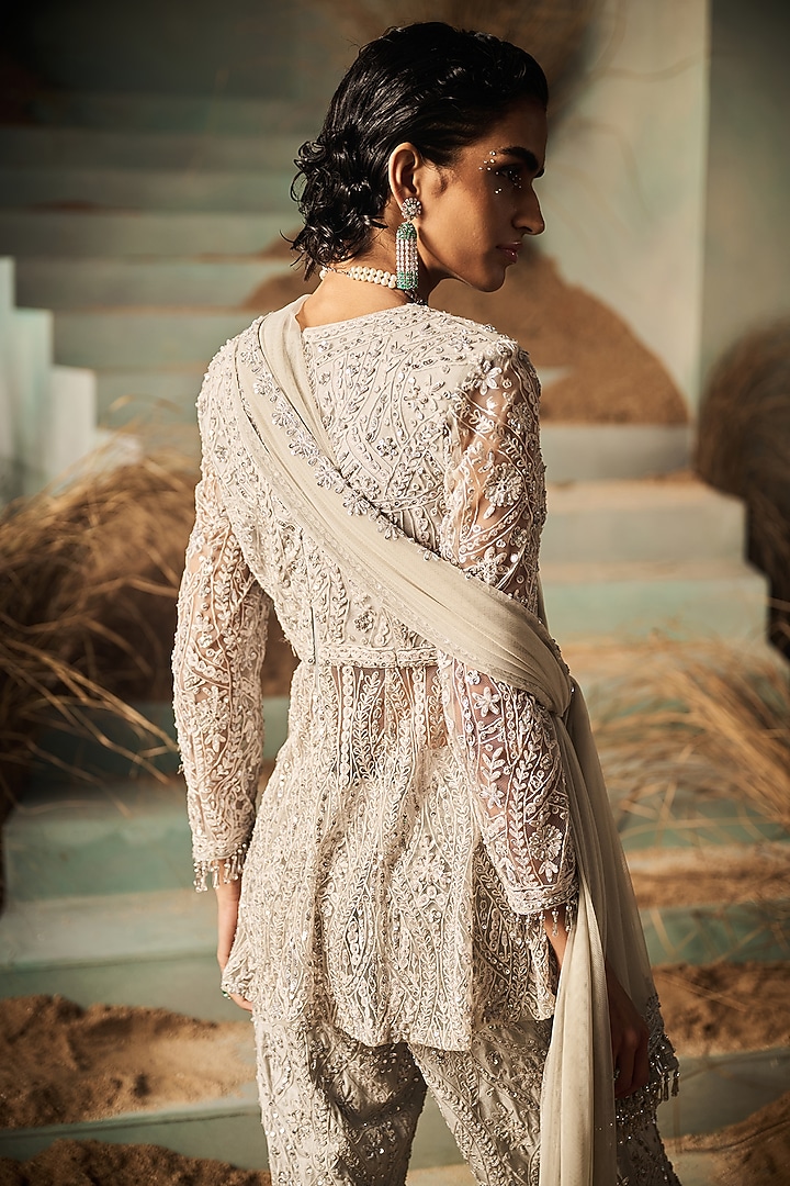 Grey Net Sequins Embroidered Co-Ord Set by Rococo By Raghvi at Pernia's Pop Up Shop