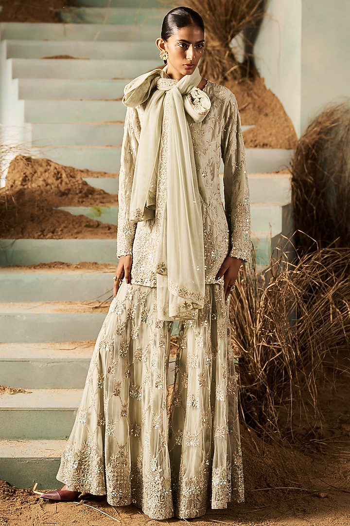 Mint Net Sequins Embroidered Gharara Set by Rococo By Raghvi at Pernia's Pop Up Shop