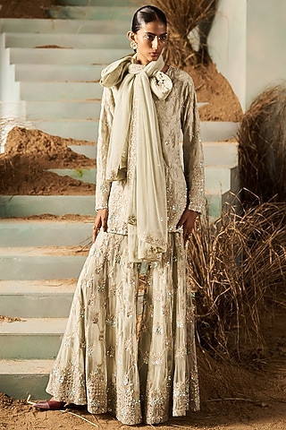 Mint Net Sequins Embroidered Gharara Set by Rococo By Raghvi