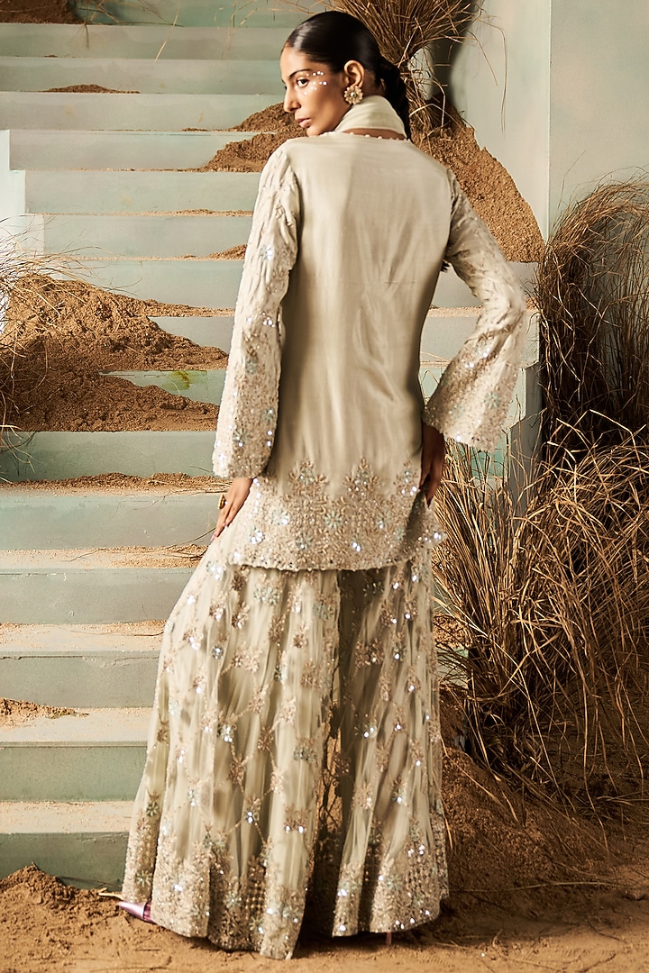 Mint Net Sequins Embroidered Gharara Set by Rococo By Raghvi at Pernia's Pop Up Shop