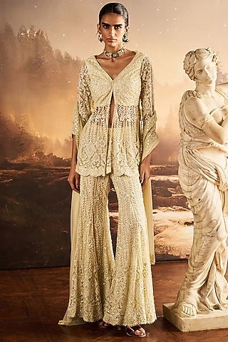Ice Mint Net Sequins Embroidered Sharara Set by Rococo By Raghvi
