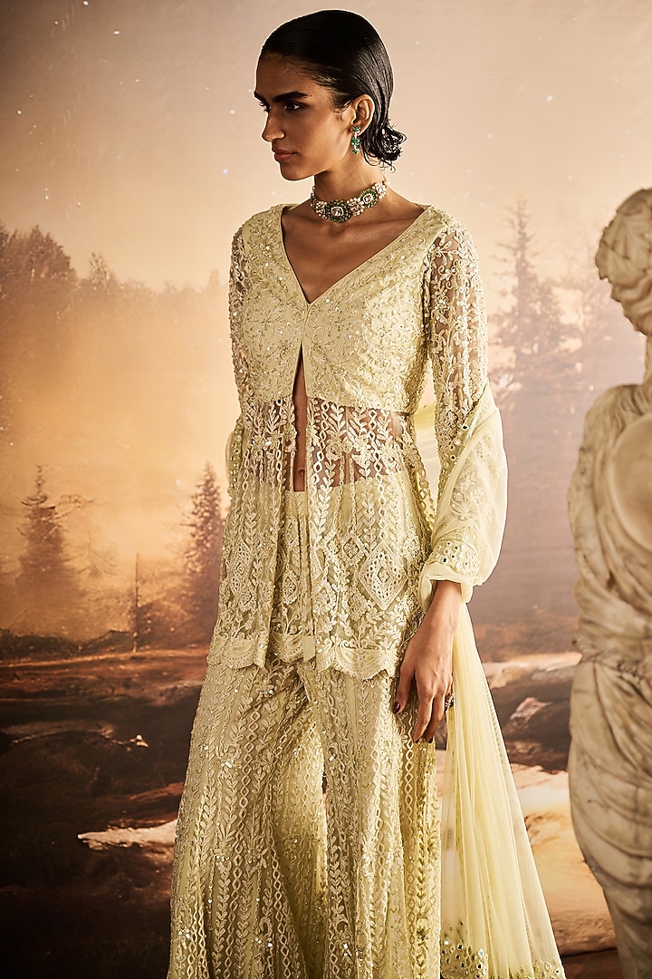 Ice Mint Net Sequins Embroidered Bridal Sharara Set by Rococo By Raghvi at Pernia's Pop Up Shop