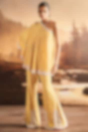 Mustard Silk Sequins Embroidered One-Shoulder Cape Set by Rococo By Raghvi at Pernia's Pop Up Shop