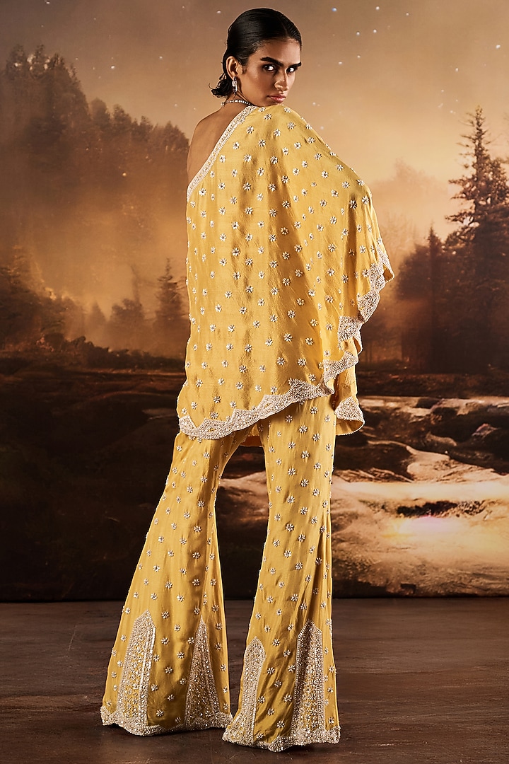 Mustard Silk Sequins Embroidered One-Shoulder Cape Set by Rococo By Raghvi at Pernia's Pop Up Shop