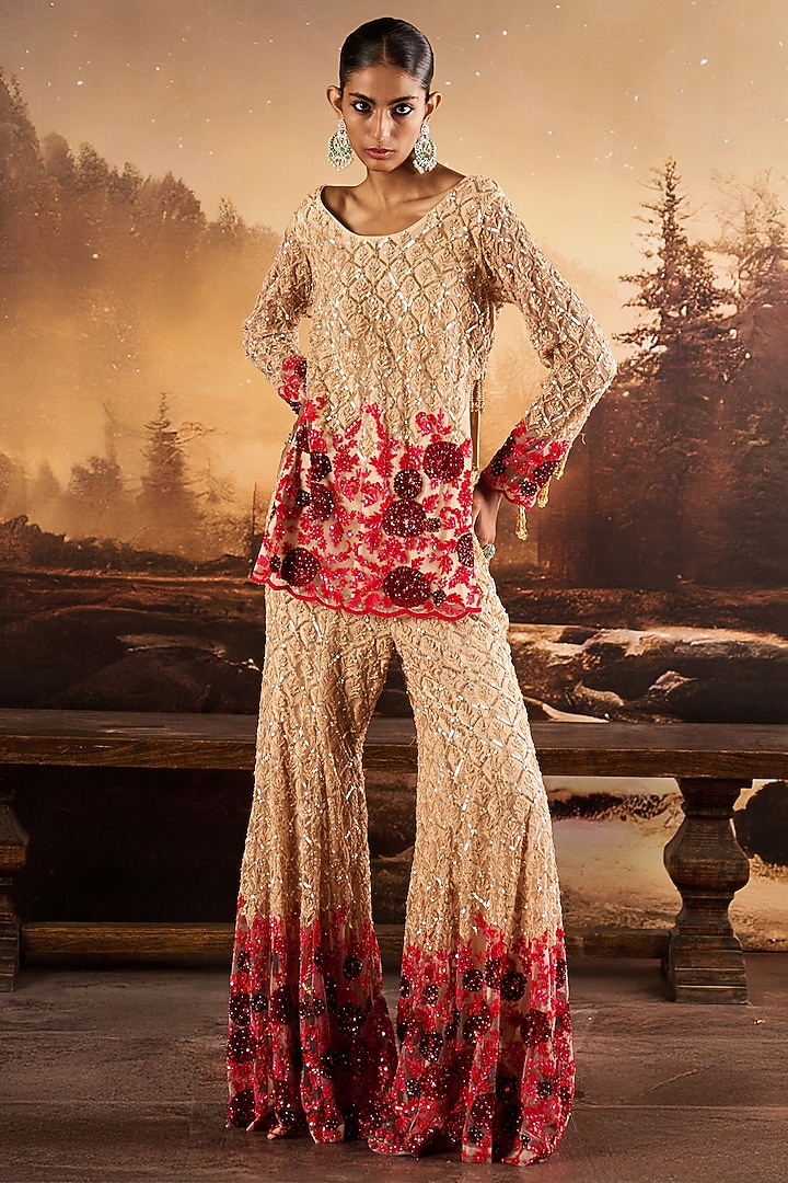 Nude Beige Net Thread Embroidered Bridal Sharara Set by Rococo By Raghvi at Pernia's Pop Up Shop