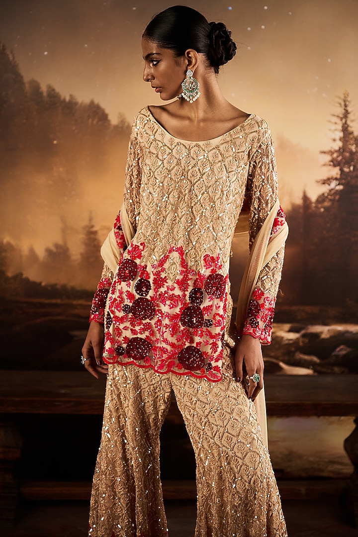Nude Beige Net Thread Embroidered Bridal Sharara Set by Rococo By Raghvi at Pernia's Pop Up Shop