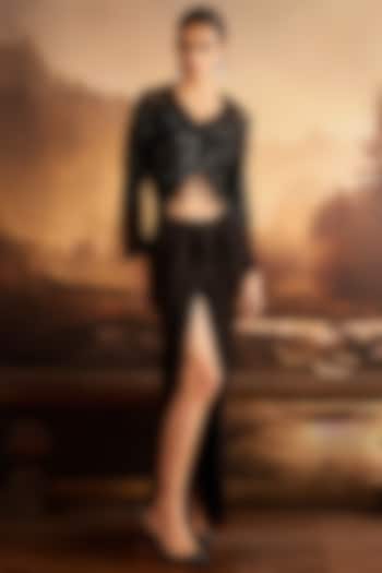 Black Silk Draped Skirt Set by Rococo By Raghvi at Pernia's Pop Up Shop