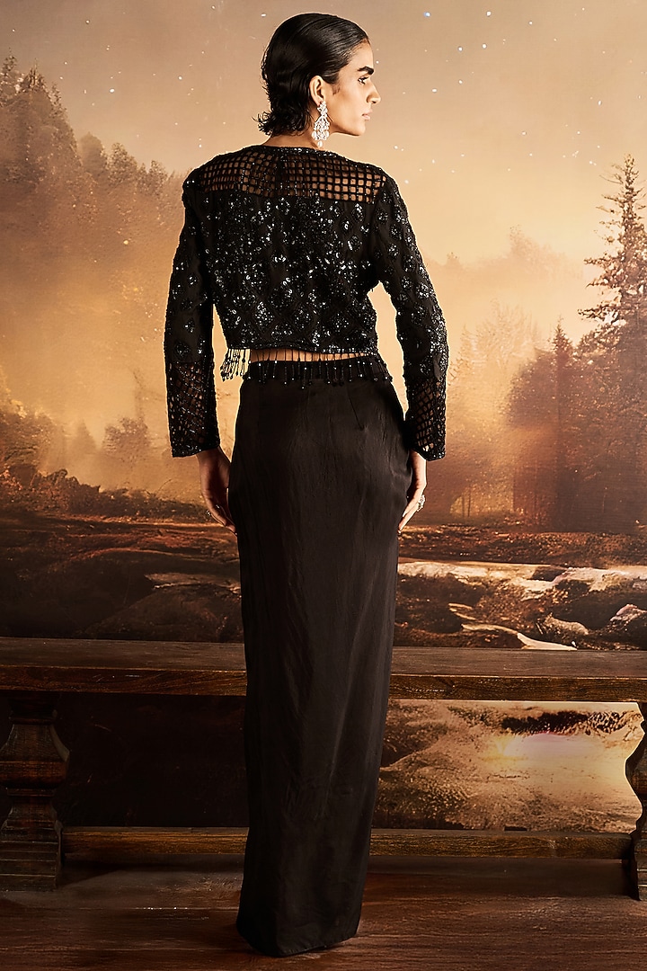 Black Silk Draped Skirt Set by Rococo By Raghvi at Pernia's Pop Up Shop