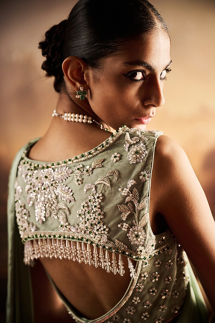 Mint Satin Silk Wedding Saree Set by Rococo By Raghvi at Pernia's Pop Up Shop