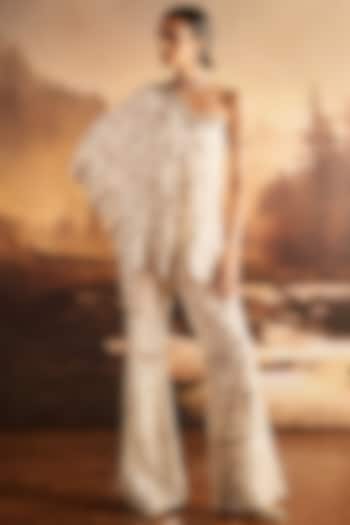 Ivory Silk Sequins Embroidered One-Shoulder Cape Set by Rococo By Raghvi at Pernia's Pop Up Shop