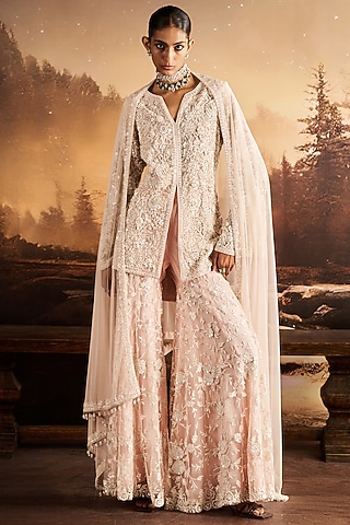 Ice Pink Net Thread Embroidered Gharara Set by Rococo By Raghvi