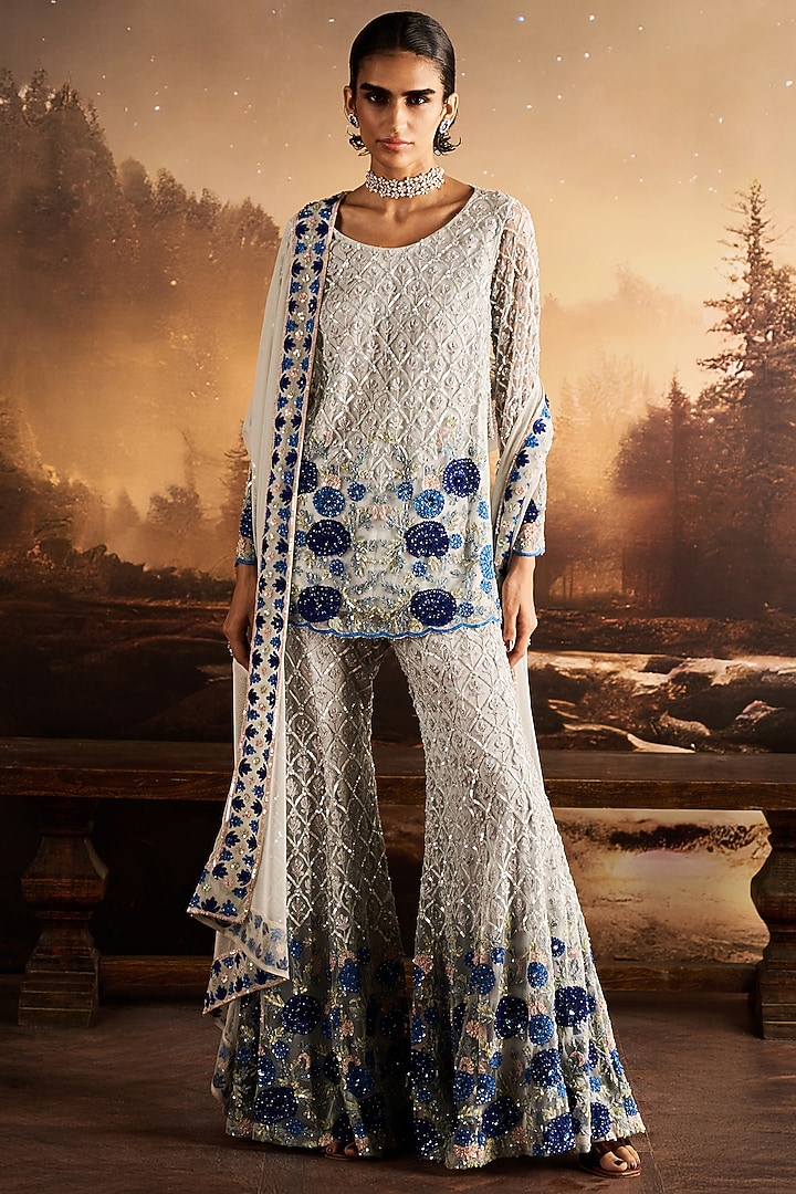 Ice Blue Net Thread Embroidered Bridal Sharara Set by Rococo By Raghvi at Pernia's Pop Up Shop