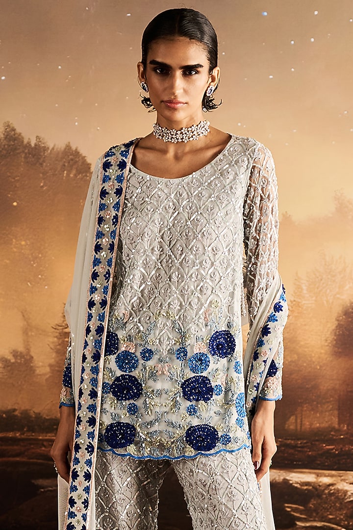 Ice Blue Net Thread Embroidered Bridal Sharara Set by Rococo By Raghvi at Pernia's Pop Up Shop