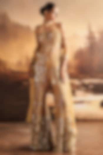 Golden Net Mirror Embellished Bridal Sharara Set by Rococo By Raghvi at Pernia's Pop Up Shop