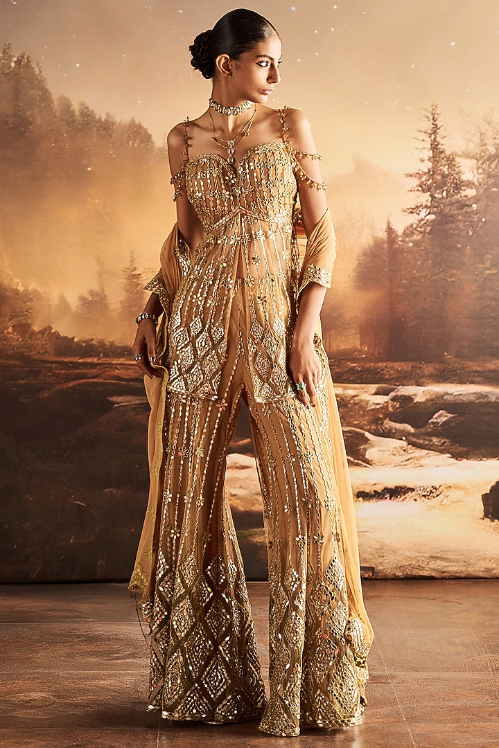 Golden Net Mirror Embellished Bridal Sharara Set by Rococo By Raghvi at Pernia's Pop Up Shop