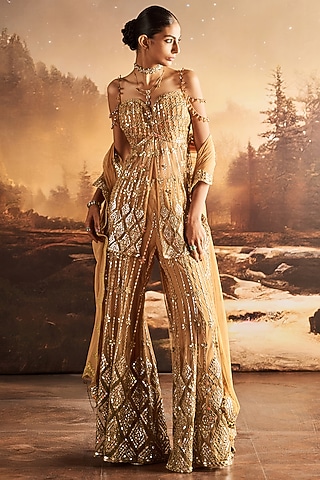 Golden Net Mirror Embellished Sharara Set by Rococo By Raghvi