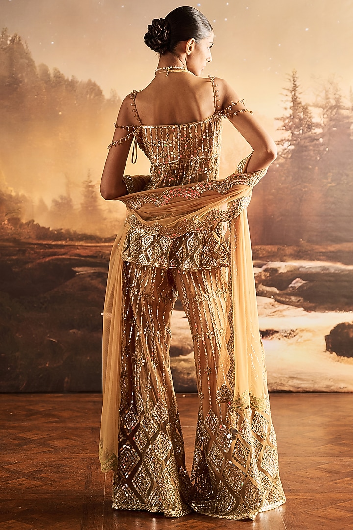 Golden Net Mirror Embellished Bridal Sharara Set by Rococo By Raghvi at Pernia's Pop Up Shop