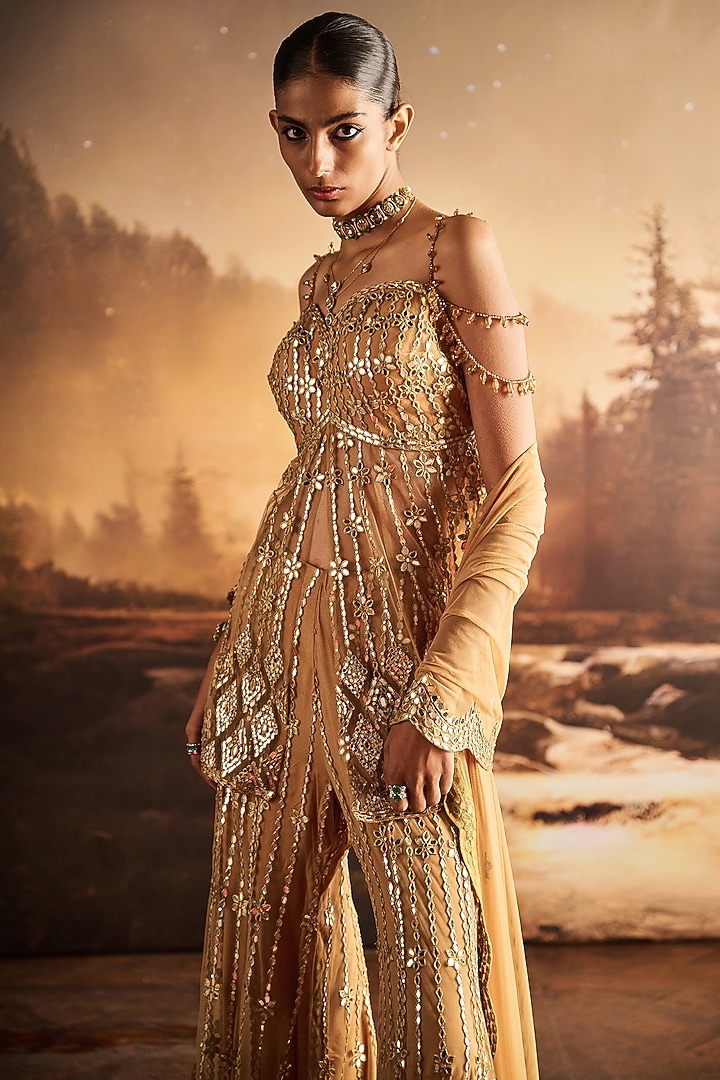 Golden Net Mirror Embellished Bridal Sharara Set by Rococo By Raghvi at Pernia's Pop Up Shop
