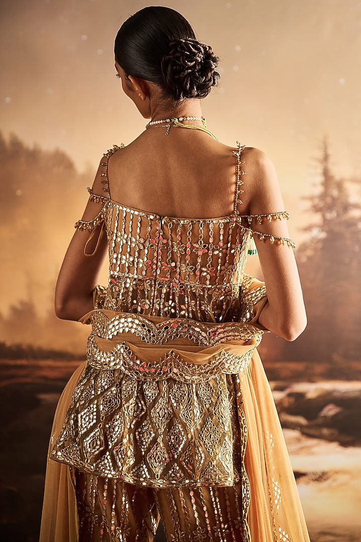 Golden Net Mirror Embellished Bridal Sharara Set by Rococo By Raghvi at Pernia's Pop Up Shop